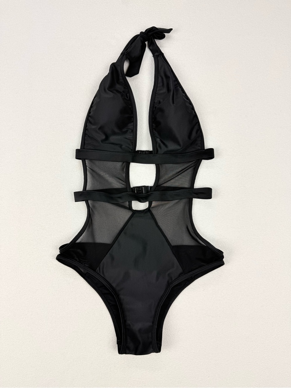 Black Mesh Cutout Strappy Halter Swimsuit One Piece Sexy Resort Swimwear